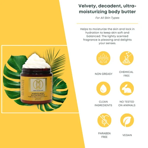 Vista 3 de OMM Collection Soufflé de mantequilla corporal batida natural para piel seca y dañada - Manteca de karité batida con vitamina E y A, aceite de coco