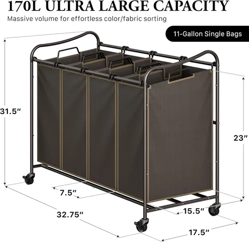 Vista 2 de Simple Houseware - Carrito rodante clasificador de ropa sucia con 4 bolsas, color marrón Bronce