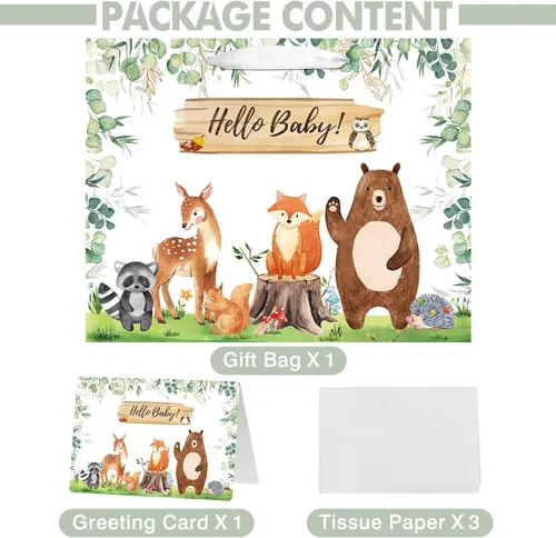 Vista 3 de Laidans Bolsa de regalo de 16.5 pulgadas para baby shower o cumpleaños con asa, papel de seda y tarjeta de felicitación