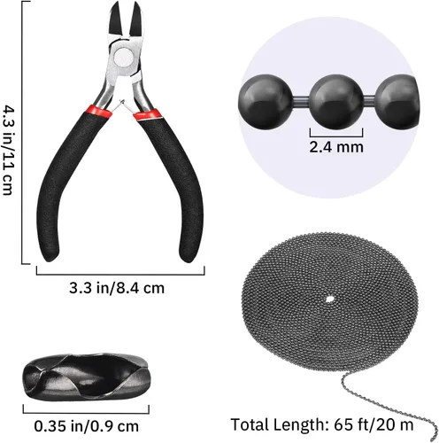 Vista 2 de Mudder Cadenas de collar de bolas de 65 pies, rollo de cadena de eslabones de cuentas de 0.157 pulgadas con 40 conectores de bola y alicates