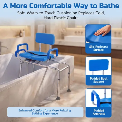 Vista 5 de Banco de transferencia deslizable para ducha con asiento giratorio Carousel, bariátrico, acolchado premium con apoyabrazos giratorios, alta