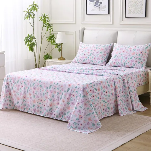 Vista 2 de Viviland Juego de sábanas tamaño matrimonial con estampado botánico de mariposas y flores rosadas y moradas, 4 piezas, sábanas de microfibra suave