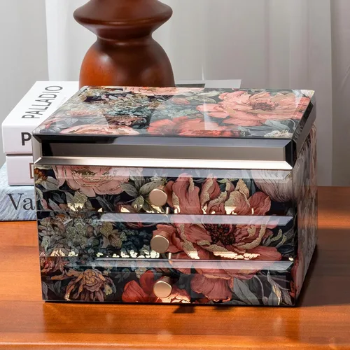 Vista 9 de Joyero de cristal con patrón floral, organizador de joyas de 3 niveles para mujeres y niñas, cajas decorativas de regalo de joyería, organizador