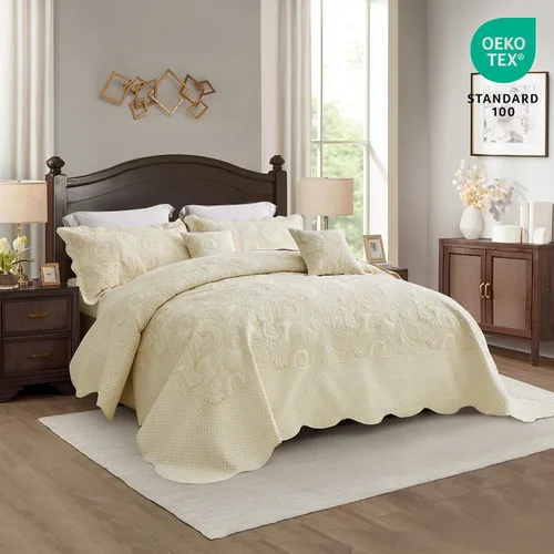 Vista 4 de Colcha extragrande tamaño King, diseño de patrón paisley, funda de cama ligera, reversible, 5 piezas, 100% microfibra, amarillo marfil Cobertura