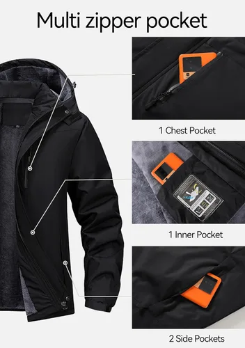 Vista 5 de PEGENO Chaqueta de Esquí para Hombre Resistente al Agua Cortavientos Aislada Forro Polar Térmico Chaquetas de Invierno Parka Impermeables Con Capucha