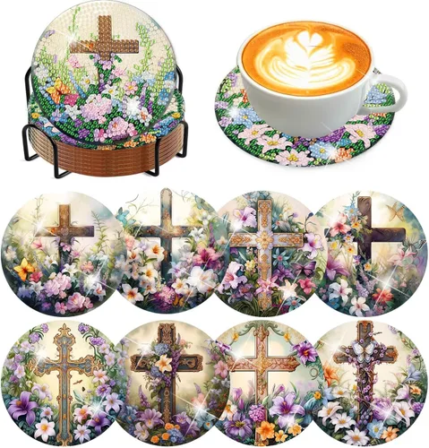 Vista 30 de Meothan Juego de 8 posavasos de arte de diamante para adultos con soporte, almohadillas de corcho, posavasos de arte de puntos de diamante de vidrio