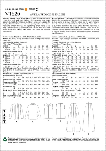 Vista 2 de Vogue V1620E5 - Chaqueta sin forro para mujer, parte superior y pantalones holgados, patrones de costura por Tom y Linda Platt, tallas 14-22