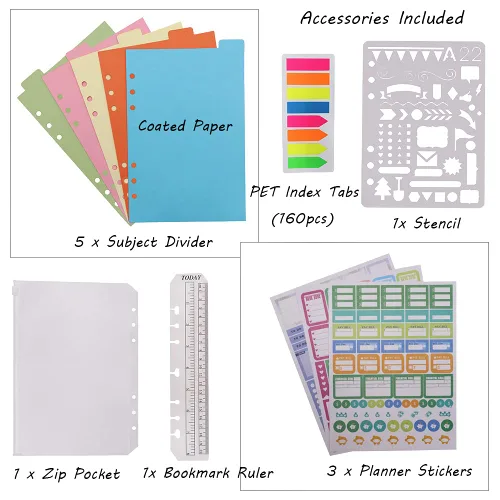Vista 5 de HXRTANGS A5 Refillable Notebook, Ring Binder Journal Personal Organizer with Lined Paper + Planner Stickers + Subject Dividers + Index Tabs +