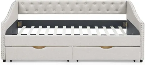Vista 7 de Sofá cama tapizado de tamaño matrimonial con 2 cajones de almacenamiento, sofá cama con botones y brazos para uñas, color beige Completamente beige