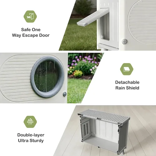 Vista 8 de Casa para gatos al aire libre resistente a la intemperie con puerta de escape, refugio aislado de plástico resistente para gatos, casa elevada