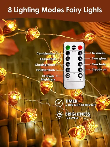 Vista 2 de 30LED Acorn Fairy Lights Battery Operated Fall String Lights Indoor Decor Remote Control, 8 Lighting Modes, IP44 Waterproof, Timer & Dimmable