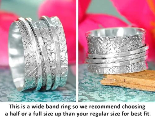 Vista 3 de Boho-Magic Anillo giratorio de plata de ley 925 con flores para mujer, anillo para aliviar la ansiedad