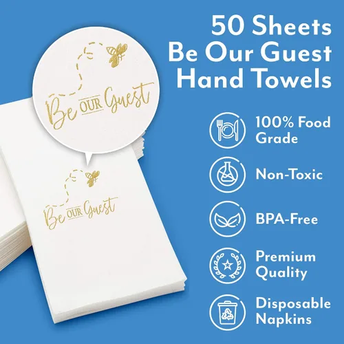 Vista 2 de AMERICAN HOMESTEAD - Toallas de Mano Desechables para Baño - Diseño Decorativo Be Our Guest Dorado - Servilletas de Invitados Similares al Lino