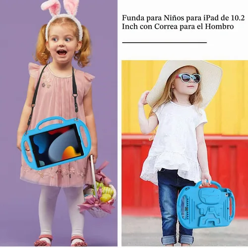 Vista 6 de LTROP Funda para niños para iPad de 9ª/8ª/7ª generación de 10.2 pulgadas con correa de hombro, funda a prueba de golpes ligera con asa y soporte Azul