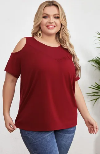 Vista 5 de Yiwixi Camisetas casuales de verano para mujer, con hombros descubiertos, manga corta, cuello redondo, ajuste holgado, tallas grandes, plisadas