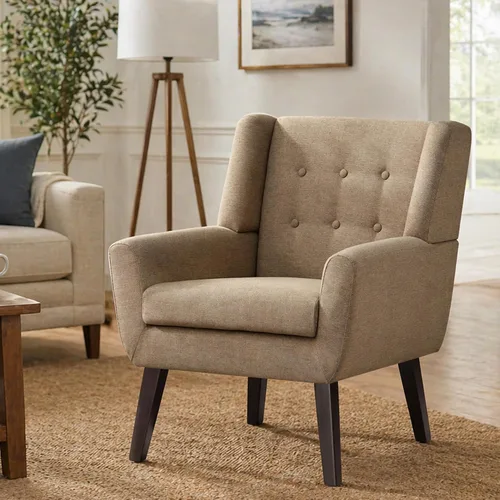 Vista 3 de HUIMO - Sillas Accent para sala de estar, sillón tapizado de lino con botones y nudos con patas de madera, cómodo sillón moderno de mediados