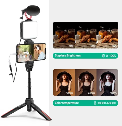Vista 3 de Kit de videoblogs para teléfono inteligente con luz LED, soporte para teléfono, micrófono, trípode, bolsa de transporte, kit de inicio de YouTube