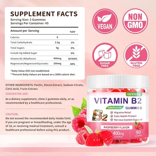 Vista 2 de Gomitas de vitamina B2 con riboflavina de 400 mg con magnesio para niños y adultos, gomitas B2 para aliviar la migraña, alivio del dolor de cabeza