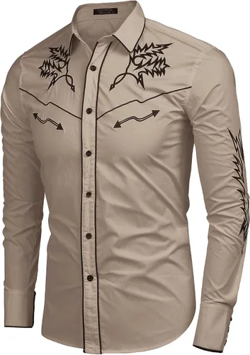 Vista 3 de Coofandy Camisa vaquera occidental bordada de manga larga de algodón casual con botones