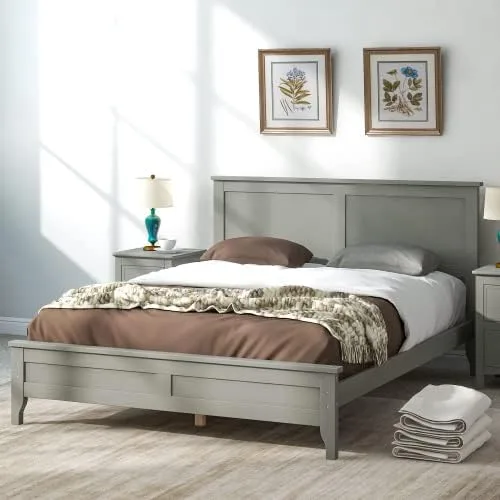Vista 3 de anwickjeff Base de cama de tamaño matrimonial con cabecero y estribo, cama de plataforma de madera maciza blanca de estilo conciso moderno