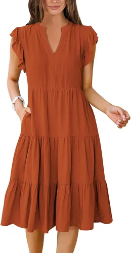 Vista 13 de ANRABESS Vestido de verano para mujer, manga con volantes, cuello en V, vestido midi a la moda, casual, holgado, escalonado, bohemio, playa