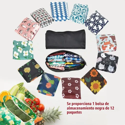 Vista 4 de Paquete de 12 bolsas de comestibles reutilizables, bolsa de compras plegable, bolsa de regalo de gran capacidad, bolsa de almacenamiento