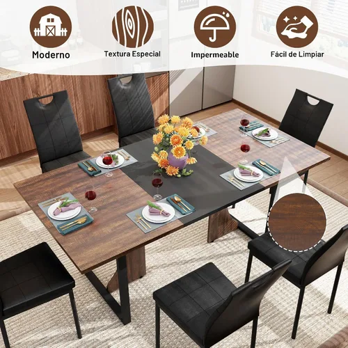 Vista 8 de Mesa de comedor grande de 70 pulgadas para 4, 5, 6 personas, mesa de comedor de cocina de granja con mesa de madera marrón, mesas de comedor