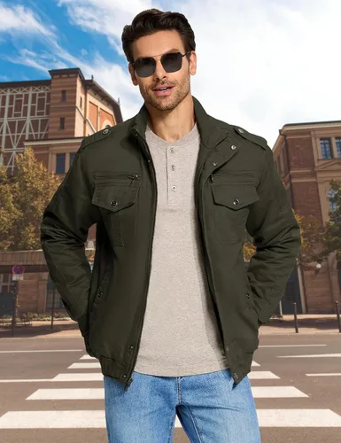 Vista 2 de CRYSULLY - Abrigo de invierno para hombre, estilo casual, con forro polar, bolsillos múltiples, estilo campo, con capucha extraíble