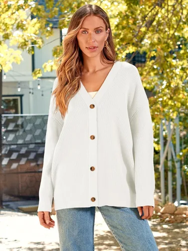 Vista 2 de LILLUSORY Cárdigan de gran tamaño para mujer, ropa de otoño, de tela, cuello en V, con botones frontales, informal, de moda