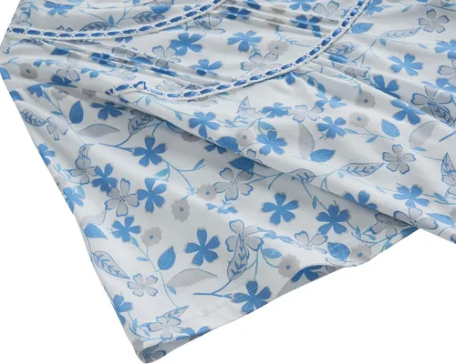 Vista 5 de Keyocean - Camisones para mujer, 100% algodón, suave, cómodo, ligero, manga corta, vestido de noche para damas Azul Floral en Crema