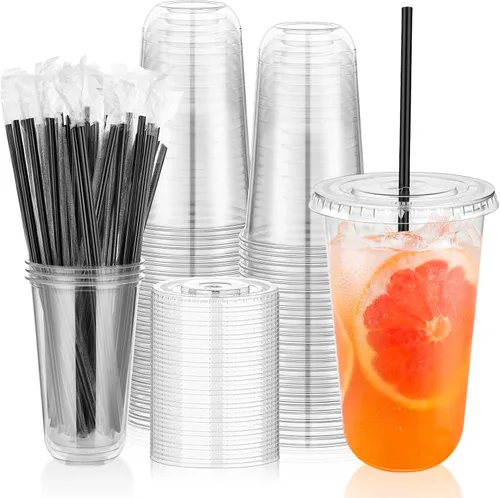 Vista 10 de tchrules Juego de 50 vasos de plástico negro de 16 onzas con tapas y pajitas, vaso de café helado desechable con tapa, vasos de plástico de fondo