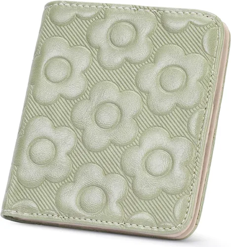 Vista 10 de Billetera para mujer, delgada y pequeña, billetera compacta con RFID, plegable, compacta, para mujer, cartera de cuero en relieve 3D con soporte