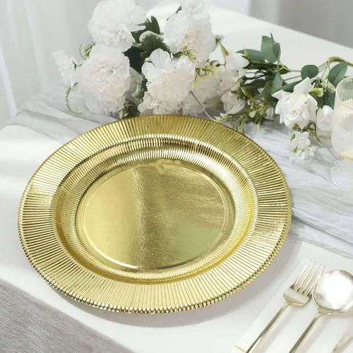 Vista 30 de Efavormart Paquete de 25 Platos Cargadores Desechables Sunray Metallic Sage Green de 13", Bandeja de Servir de Cartón, Redonda - 350 GSM Verde