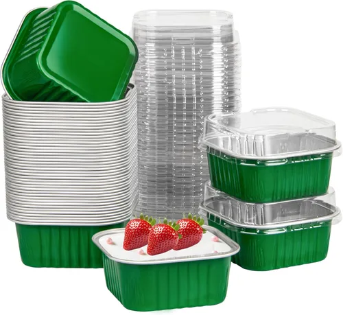 Vista 11 de 50 Pcs Mini Square Baking Cups with Lids,5oz Aluminum Foil Mini Cake Pans with Lids,Disposable Ramekins Cake Pans,150ml Dessert Cups Cupcake Pans