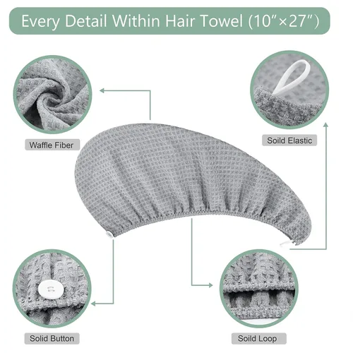Vista 3 de Dolwis Toalla de secado de pelo de microfibra, 2 paquetes de turbante de pelo largo tipo waffle, paño de rizo de secado rápido, absorbente y Gris