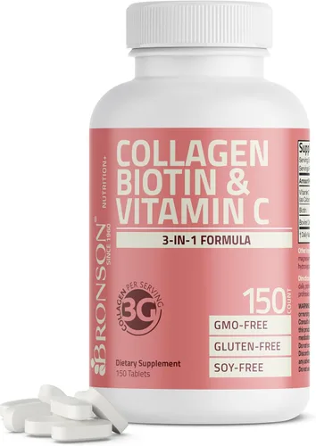 Vista 9 de Bronson Péptidos de colágeno 3000mg (por porción) con biotina y vitamina C - para el apoyo del cabello, la piel y las uñas, sin OGM, 90 tabletas