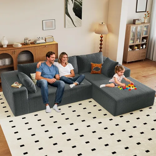 Vista 58 de Sofá modular de 96 pulgadas en forma de L, sofá modular de 3 asientos, sofá modular de pana de espuma viscoelástica sin hueso para sala de estar