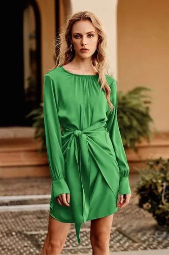 Vista 4 de PRETTYGARDEN Vestido de satén de primavera 2023 para mujer, de manga larga, con lazo en la cintura, elegante, para cóctel, fiesta