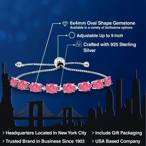 Vista 135 de Gem Stone King Pulsera de plata de ley 925 con piedra natal ovalada de 0.276 x 0.197 in para mujer, totalmente ajustable hasta 9 pulgadas