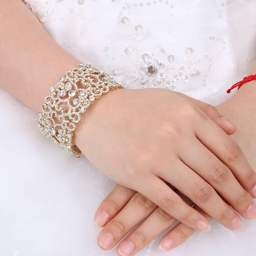 Vista 5 de EVER FAITH Pulsera elástica de cristal austríaco con corazón Art Deco para mujer, transparente