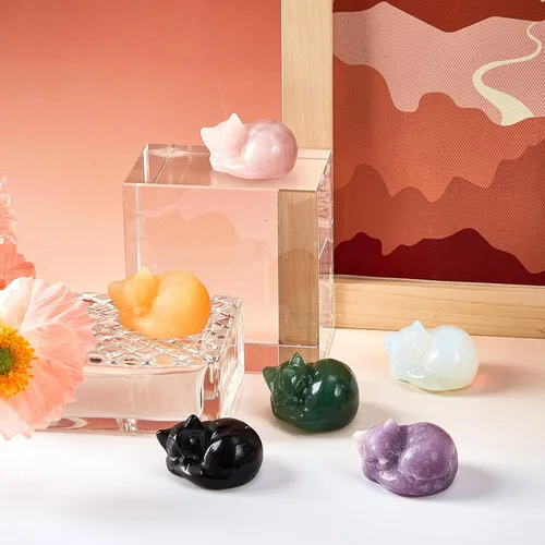 Vista 6 de Barydat 6 figuras de cristal, estatuas de gato, lindo gato, decoración del día de la madre, escultura tallada pequeña para mujeres, regalos