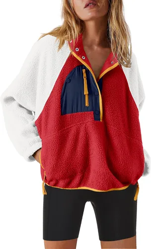 Vista 27 de Nirovien - Chaqueta de forro polar con capucha para mujer, manga larga, sherpa, sudadera mullida, abrigada, con botones y bolsillos Un rosa