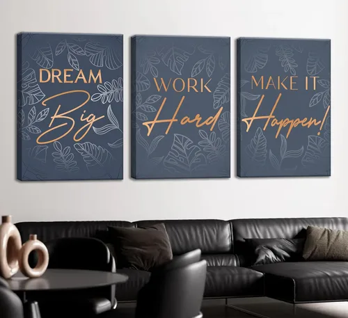 Vista 4 de 3 piezas de lienzo inspirador de oro azul para oficina, arte de pared, inspirador motivacional positivo, pinturas botánicas, cuadros de decoración