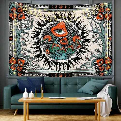 Vista 2 de Cohpoh Tapiz de sol de hongos (59.1 x 82.7 pulgadas) – Sol ardiente, hongos, ojos y vides – Colgante de pared para dormitorio, sala de estar, oficina