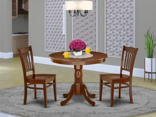 Vista 2 de East West Furniture ANGR3-MAH-W - Juego de comedor de 3 piezas para espacios pequeños que contiene una mesa de comedor redonda con pedestal y 2