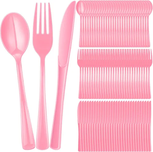 Vista 12 de Juego de cubiertos de plástico de 300 piezas, juego de cubiertos de plástico resistente, incluye 100 cucharas desechables, 100 tenedores, cuchillos