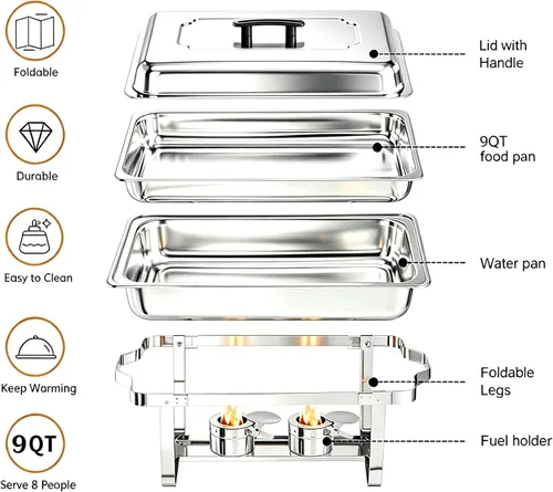 Vista 5 de Recipientes Calentadores para Buffet Paquete de 4, Juego de Recipientes Calentadores de Buffet de Acero Inoxidable de 9 Cuartos con Marco Plegable