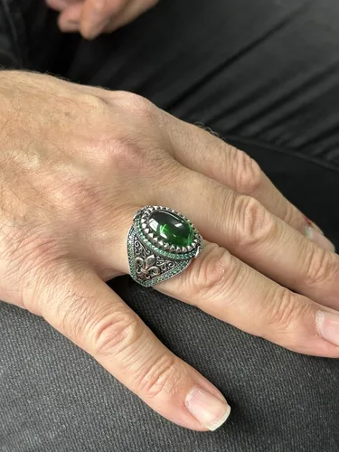 Vista 6 de Silver Handmade Ring, Emerald Stone Ring, Silver Green Zircon Stone Ring, Engraved Silver Ring, Ottoman Style Ring, Gift For Him