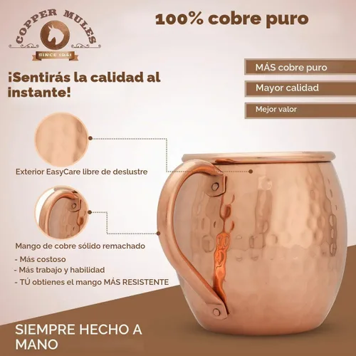 Vista 3 de Copper Mules PURE - Juego de tazas de cobre extra gruesas/acabado martillado de 2 barriles – Interior EasyCare ideal para mulas de Moscú – Mango