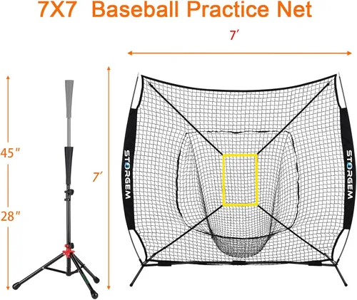 Vista 8 de Storgem Red de práctica de béisbol y softbol de 77 pies – Soporte portátil para bateo, lanzamiento, entrenamiento de bateo con camiseta, organizador